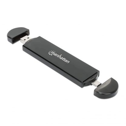 Gabinete USB a SDD M.2 NVMe y SATA, Conector USB-C y USB-A integrado para una conexión de host versátil.